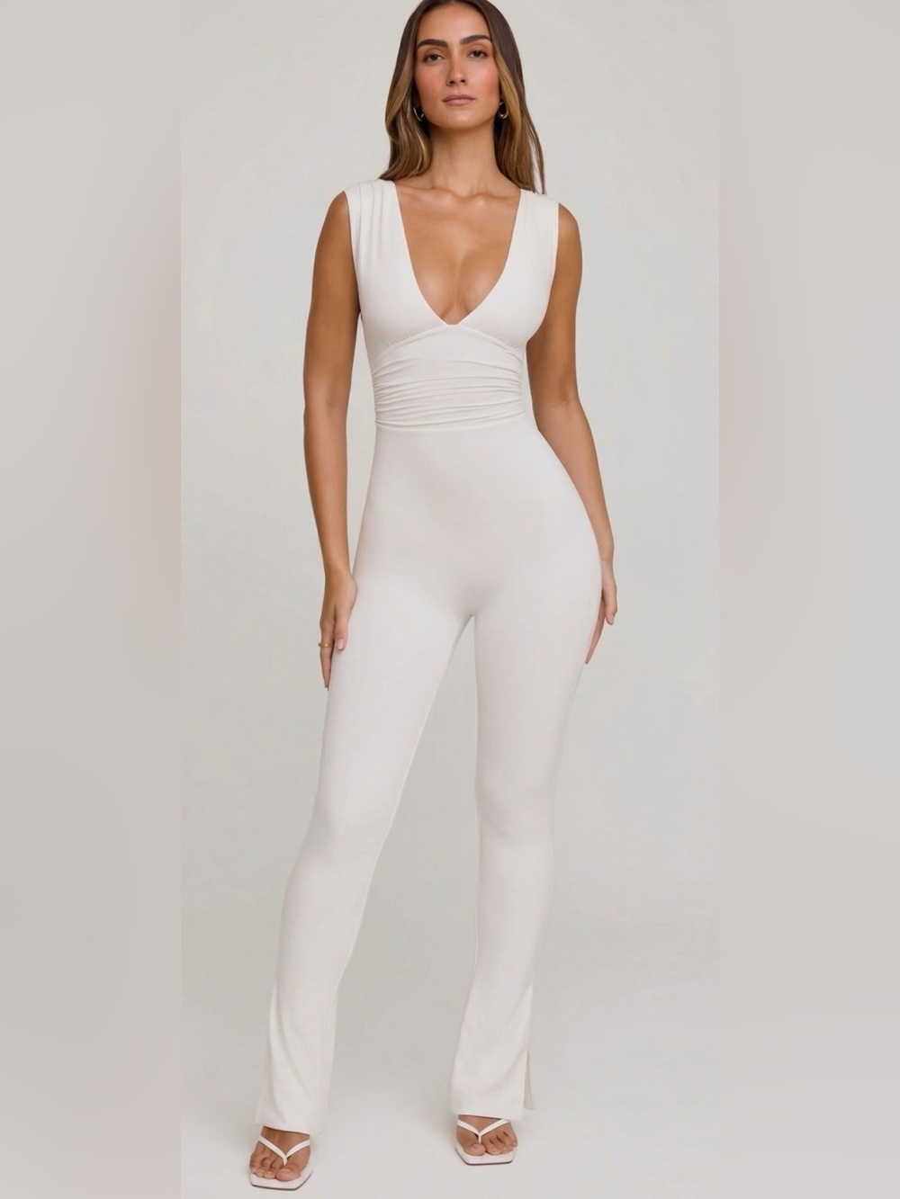 Oh Polly - White Plunge Neck Ruched Waist Jumpsuit